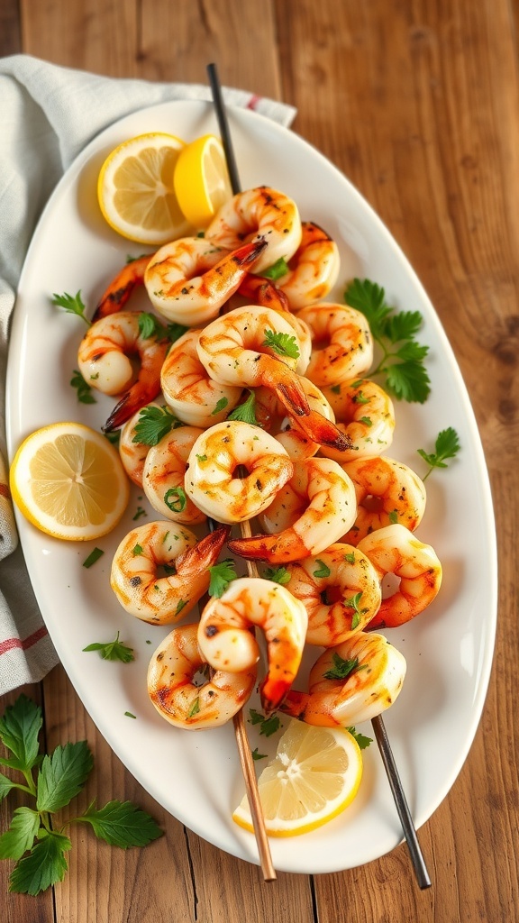 Plate of grilled lemon garlic shrimp skewers garnished with parsley and lemon slices