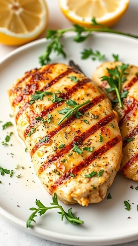 Grilled lemon herb chicken on a plate with parsley and lemon slices