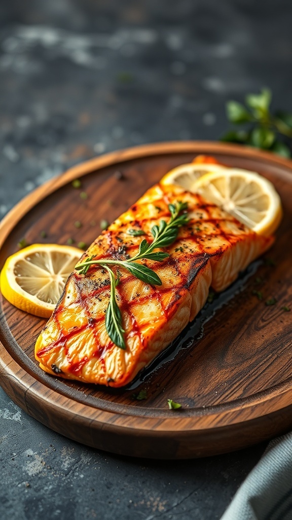 Grilled lemon herb salmon on a wooden plate with lemon slices and herbs