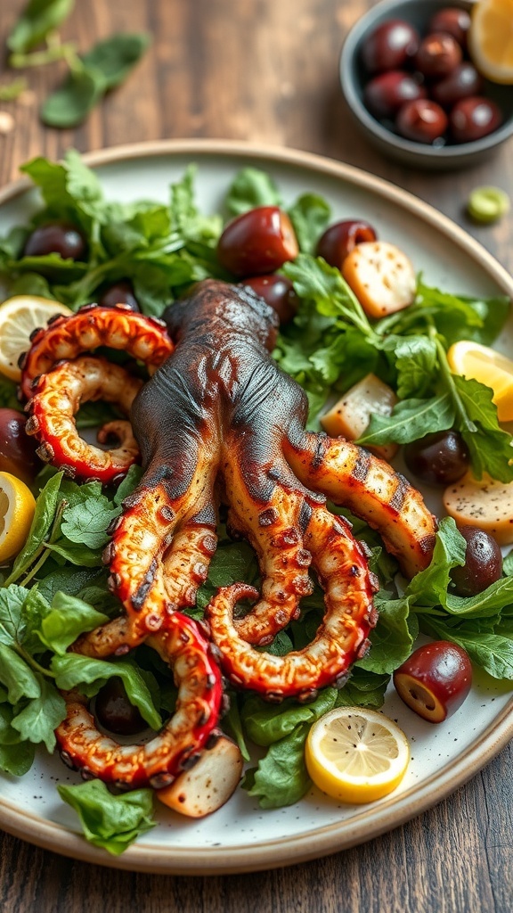 A grilled octopus salad featuring a whole octopus on a bed of greens, olives, and lemon slices.