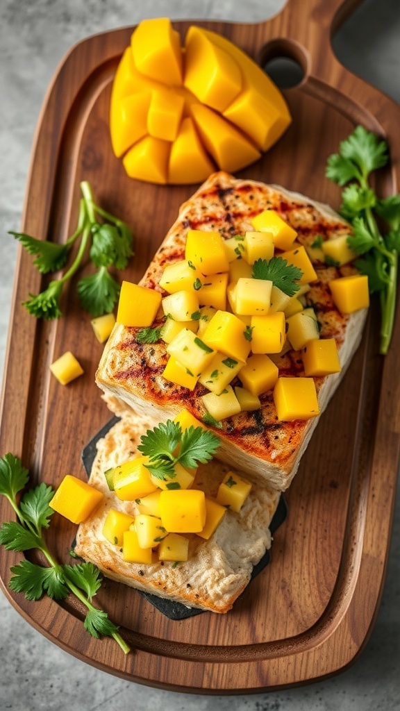 Grilled salmon topped with mango salsa on a wooden cutting board