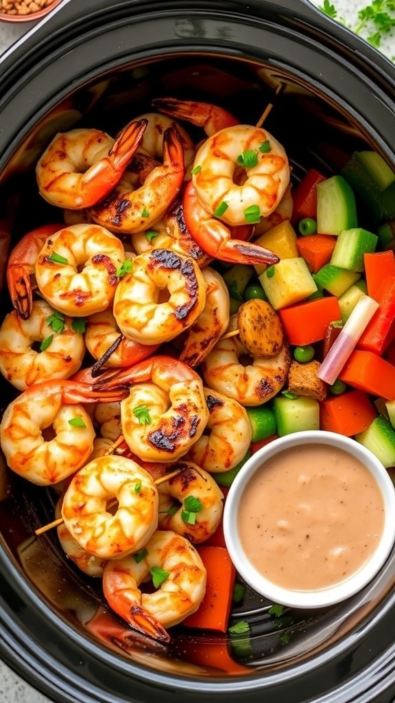 Grilled shrimp skewers with vegetables and dipping sauce in a crockpot.