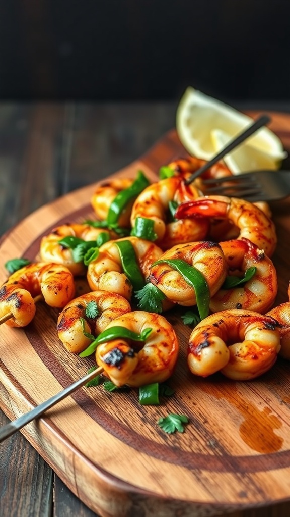 Grilled shrimp skewers with bell peppers on a wooden board, garnished with lemon.