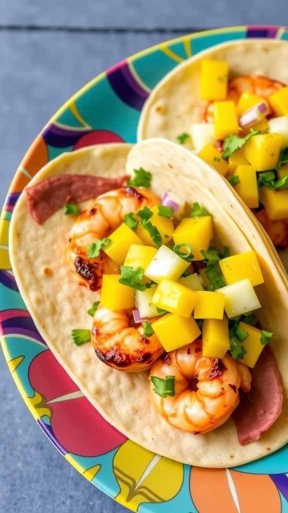 Grilled shrimp tacos with mango salsa on a colorful plate