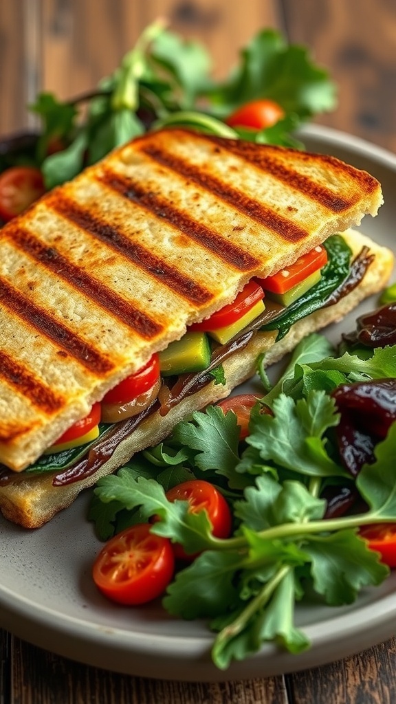 Grilled vegetable panini with fresh salad on the side.