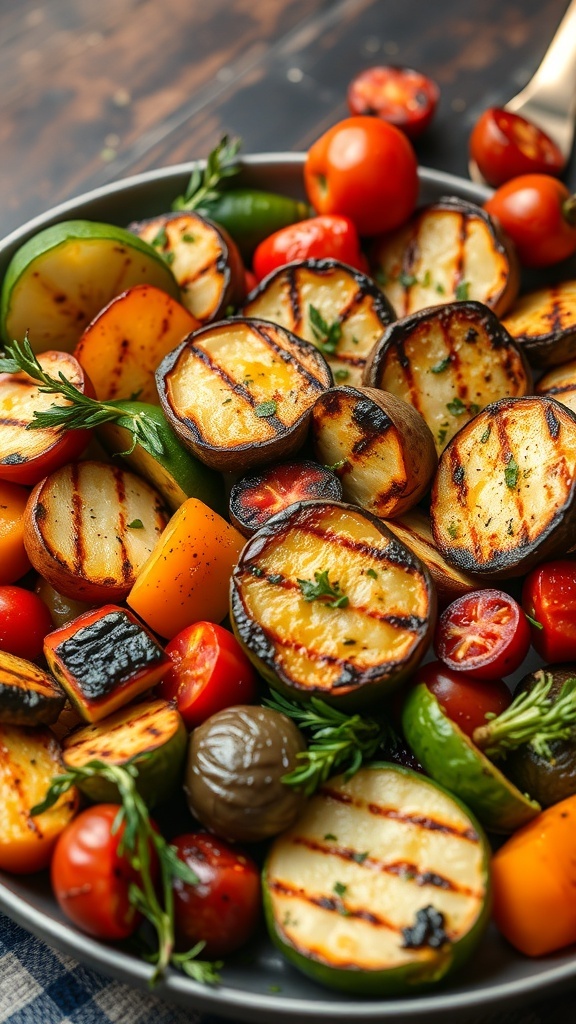 A colorful grilled vegetable platter featuring zucchini, bell peppers, cherry tomatoes, and eggplant.