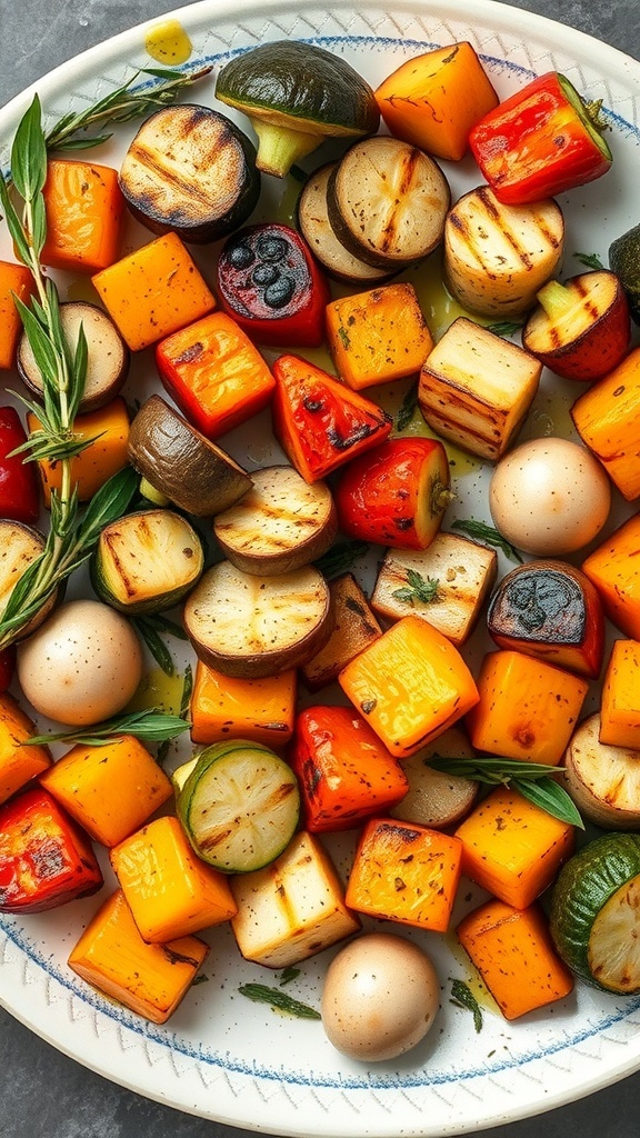 A colorful grilled vegetable platter featuring zucchini, bell peppers, eggplant, and cherry tomatoes.