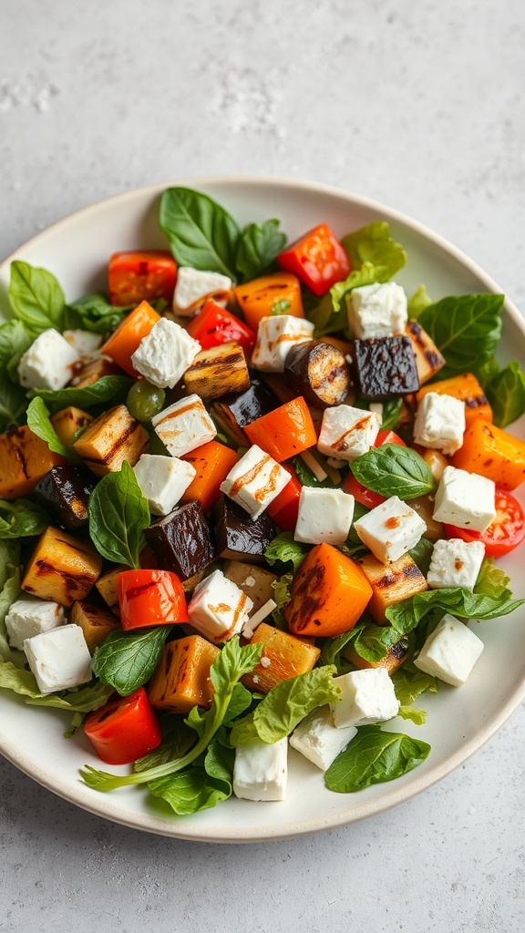 A colorful grilled vegetable salad with spinach, bell peppers, eggplant, zucchini, and feta cheese.