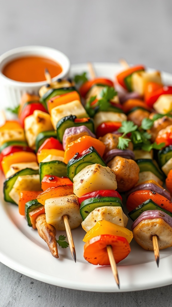 Colorful grilled vegetable skewers with a variety of vegetables and a dipping sauce.