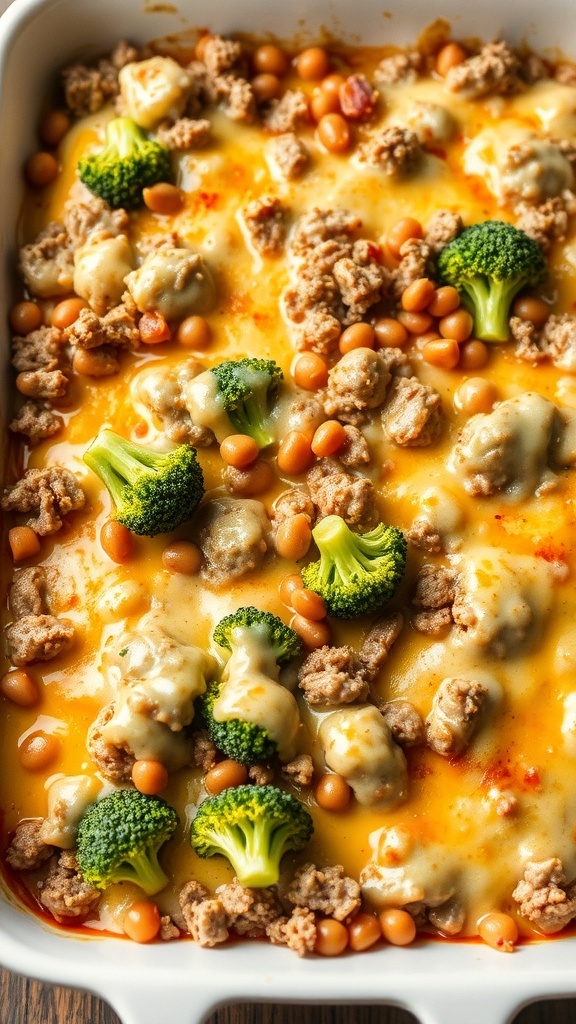 A delicious ground beef and broccoli casserole with cheese and beans.