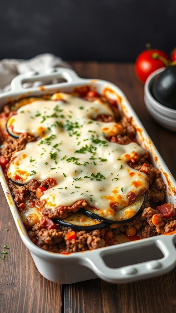 A delicious ground beef and eggplant bake topped with melted cheese, served in a white casserole dish.