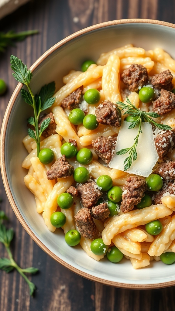 A bowl of creamy risotto with ground beef and green peas, garnished with herbs and cheese.