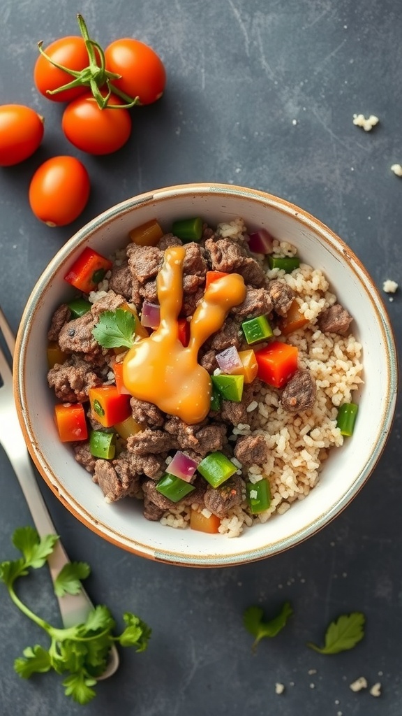 A bowl filled with ground beef, quinoa, colorful vegetables, and a drizzle of sauce, with fresh tomatoes and cilantro on the side.