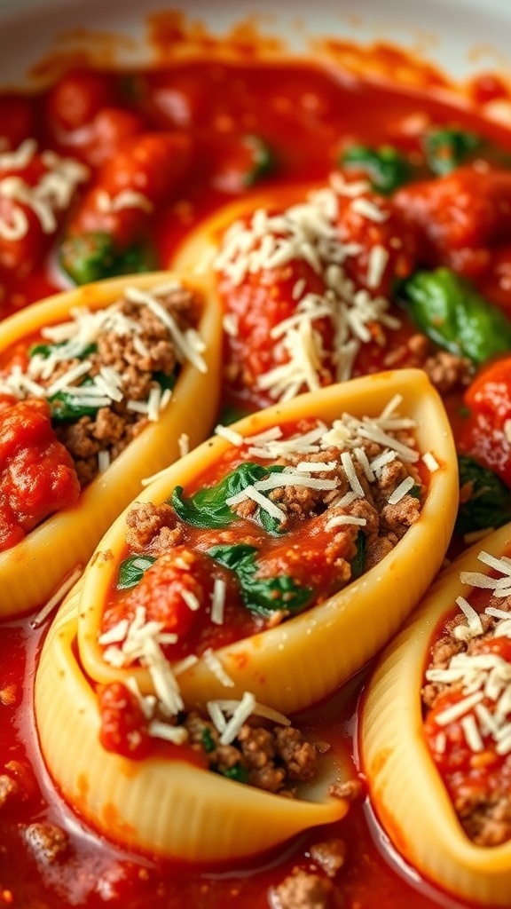 Ground beef and spinach stuffed shells in tomato sauce topped with cheese.