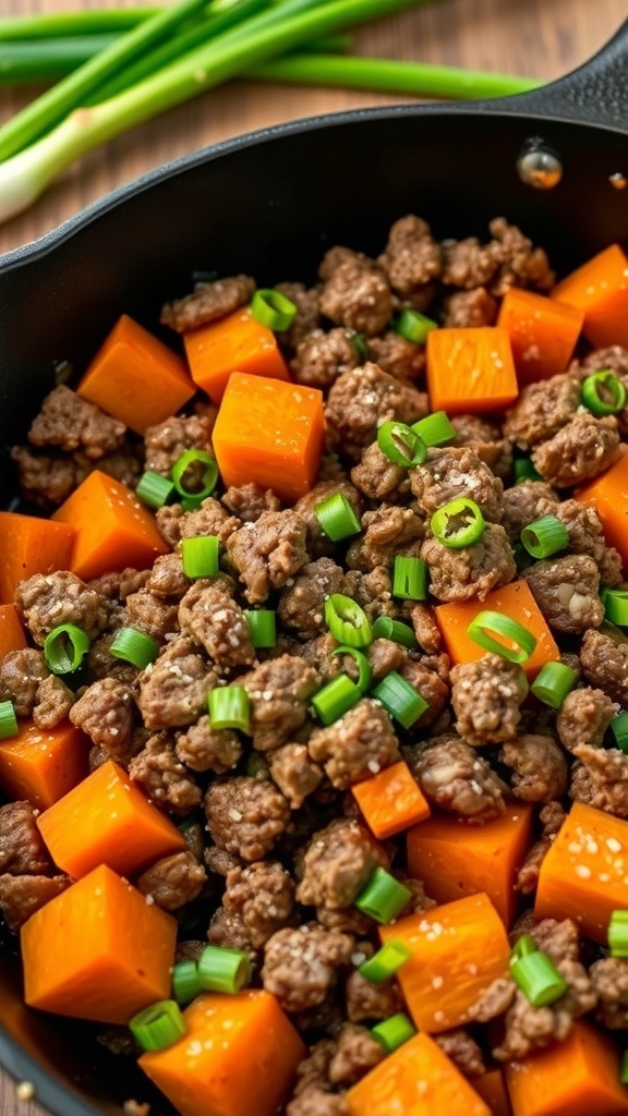 Ground beef and sweet potato skillet with green onions