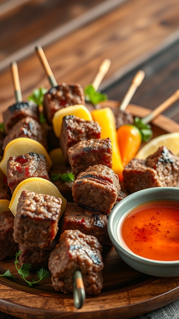 Delicious ground beef skewers with vegetables on a wooden platter, served with a dipping sauce.