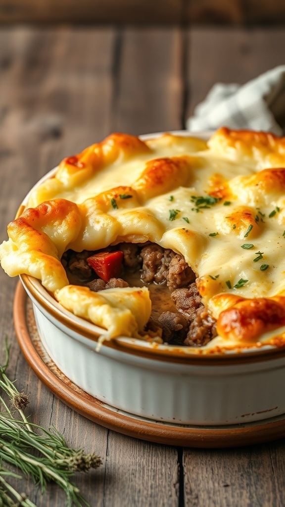 A delicious shepherd's pie with a golden crust and colorful filling, served in a white dish.