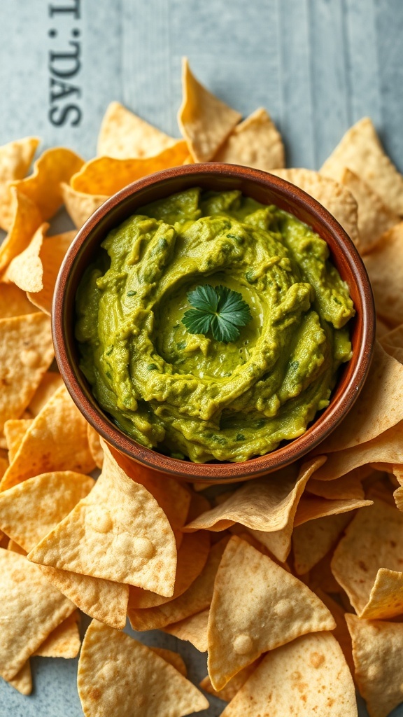 A bowl of guacamole surrounded by tortilla chips