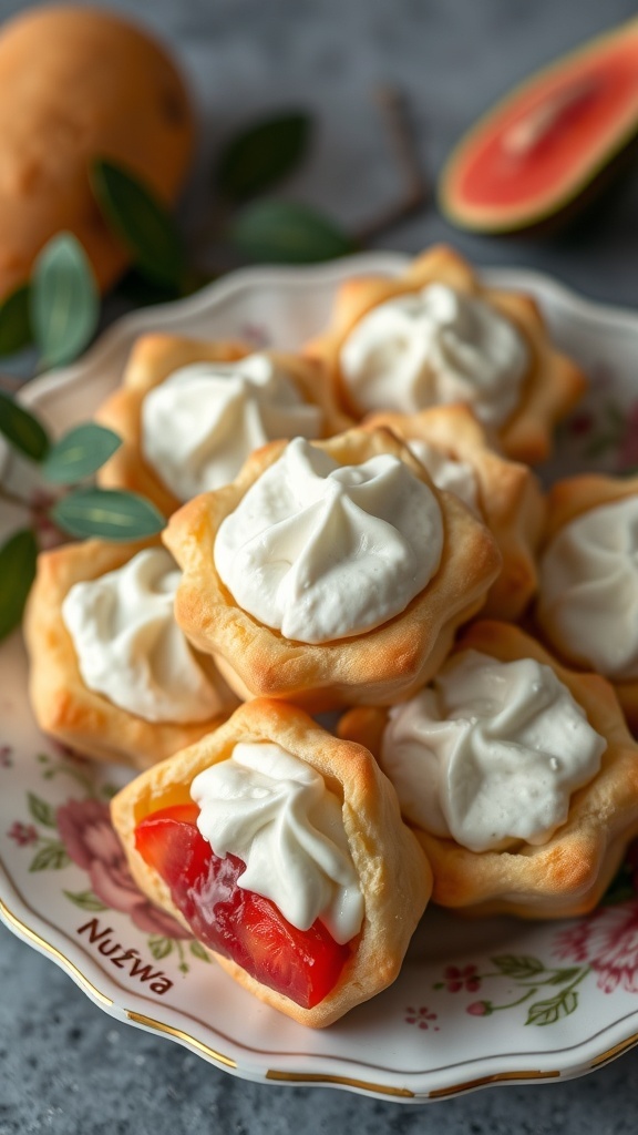 A plate of guava and cheese pastries topped with cream.