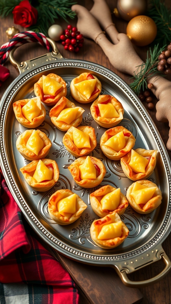 A platter of ham and cheese puff pastry bites, beautifully arranged for a festive occasion.