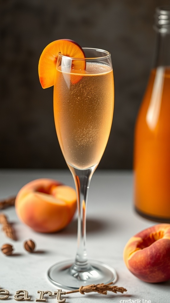 A Harvest Bellini cocktail in a tall glass garnished with a peach slice, surrounded by fresh peaches and spices.