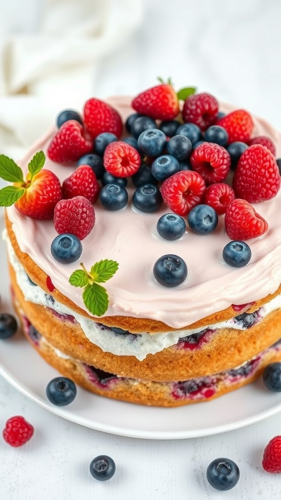 A beautiful Harvest Berry Cake topped with fresh raspberries and blueberries.