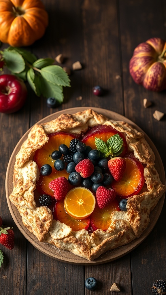 A Harvest Fruit Galette with a variety of fruits including apples, berries, and citrus, on a wooden table surrounded by pumpkins.