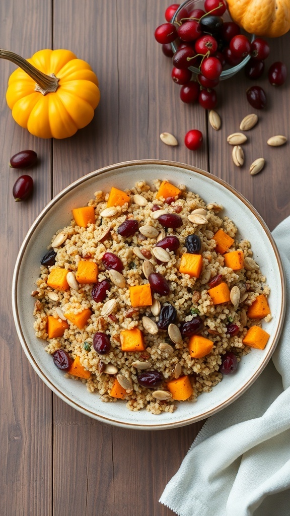 A colorful Harvest Quinoa Salad with butternut squash, cranberries, and pumpkin seeds.