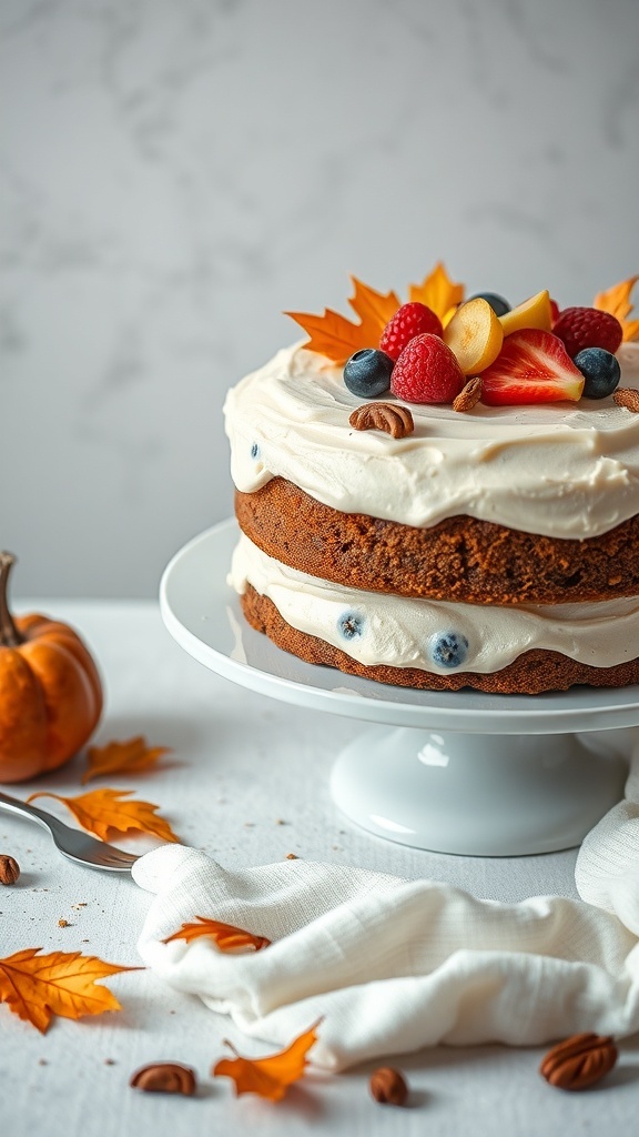 A beautifully decorated Harvest Spice Cake with cream cheese frosting, topped with fresh fruits and autumn leaves.