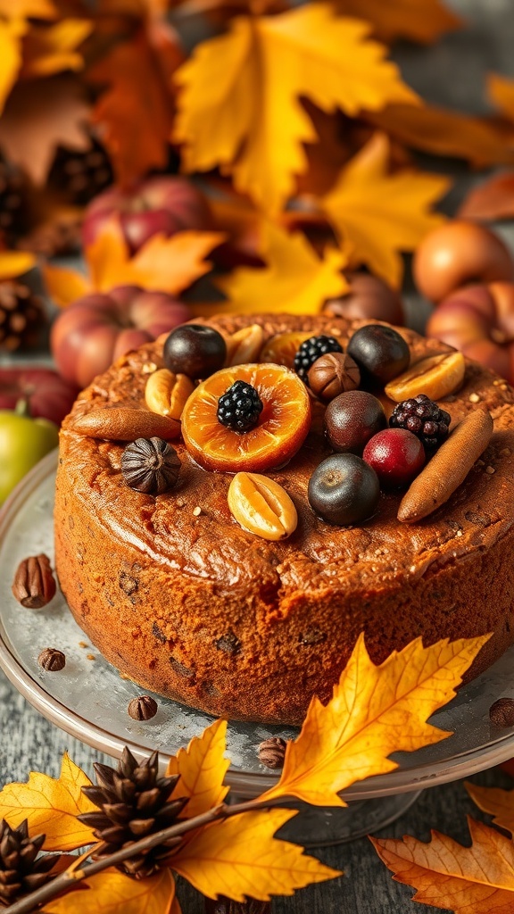 A Harvest Spice Cake topped with dried fruits and nuts, surrounded by autumn leaves and pinecones.