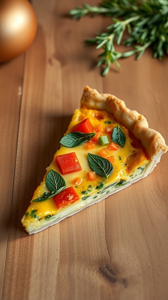 A slice of Harvest Vegetable Quiche on a wooden table, garnished with fresh herbs.