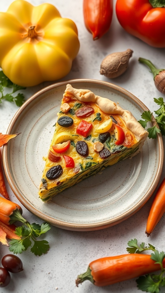 A slice of Harvest Vegetable Quiche surrounded by fresh vegetables.