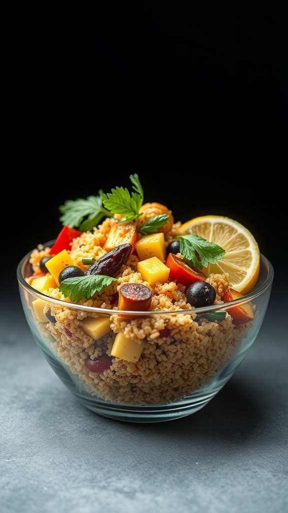A colorful bowl of Harvest Vegetable Quinoa Salad with bell peppers, cucumbers, and olives.