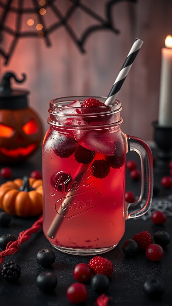A spooky Halloween mocktail featuring Haunted Berry Lemonade in a mason jar with raspberries and blackberries, set against a Halloween backdrop.