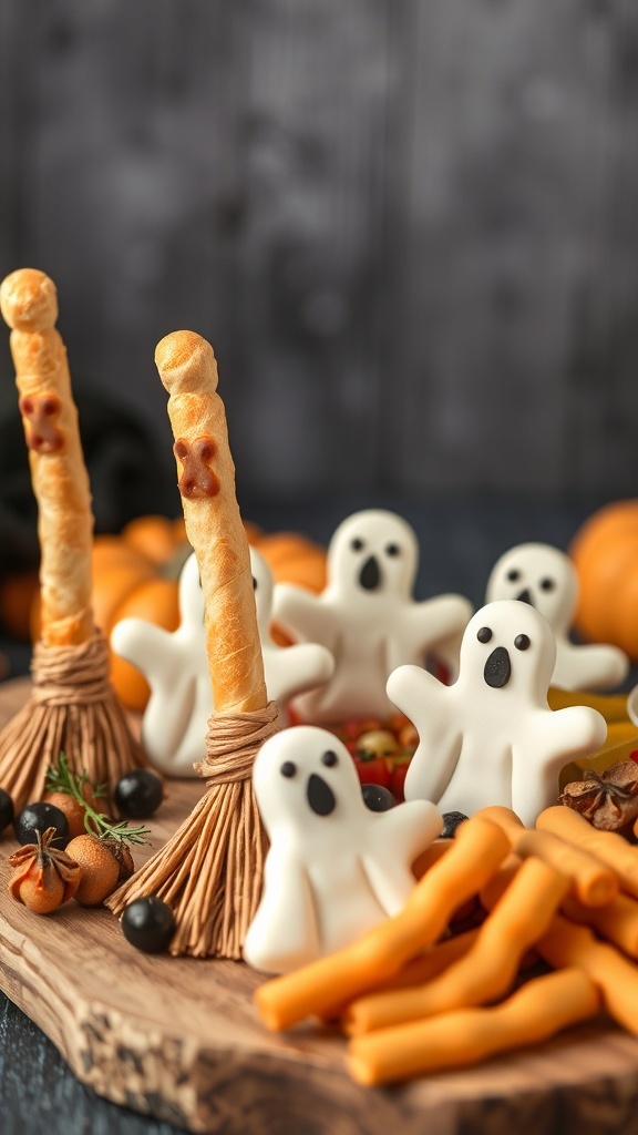 A Halloween-themed charcuterie board featuring breadsticks shaped like broomsticks and ghost-shaped treats.