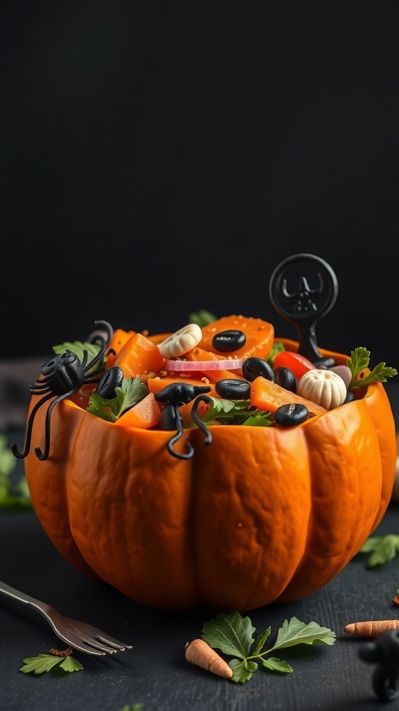 A Halloween-themed salad served in a hollowed-out pumpkin, featuring colorful vegetables and spooky decorations.