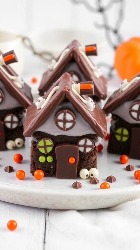 Haunted house brownies decorated with colorful candy and frosting