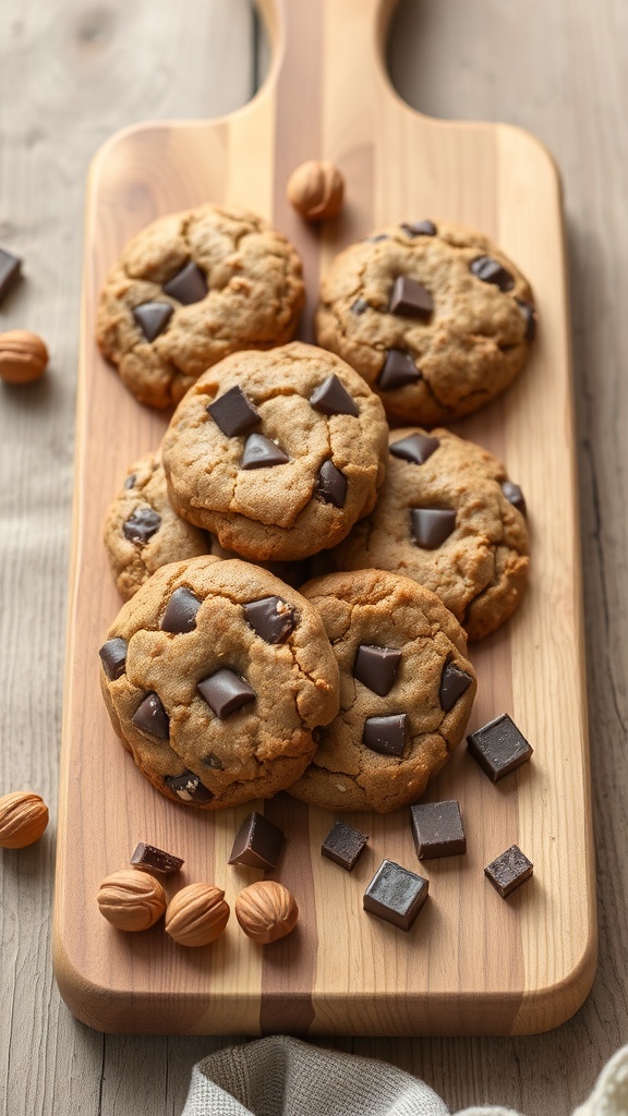 A wooden board with hazelnut chocolate cookies and chocolate chunks.