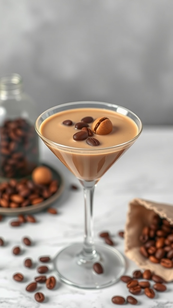 A Hazelnut Espresso Martini garnished with coffee beans and a hazelnut, surrounded by scattered coffee beans.