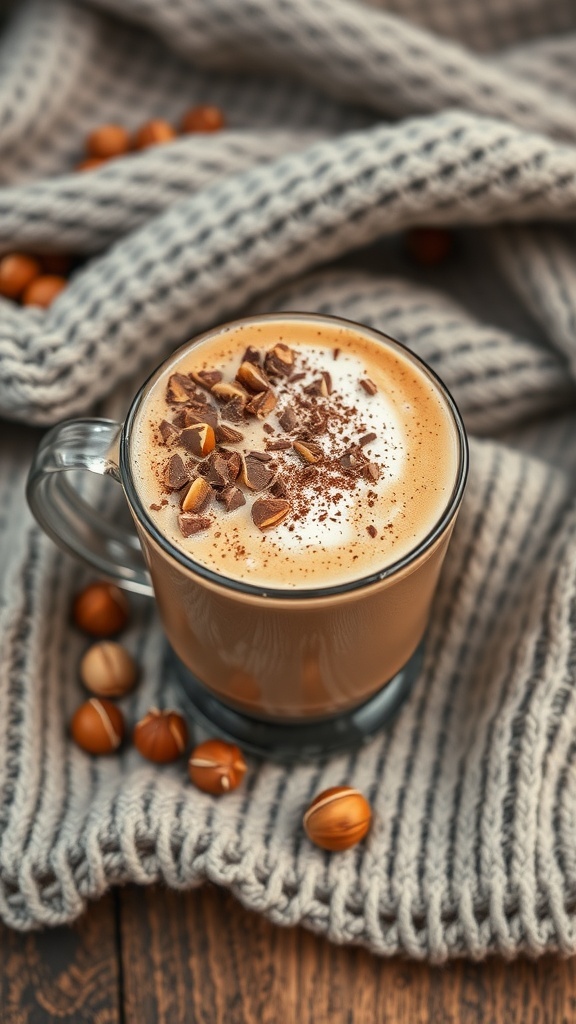 A cozy cup of hazelnut mocha topped with whipped cream and chocolate shavings, surrounded by hazelnuts and a knitted blanket.