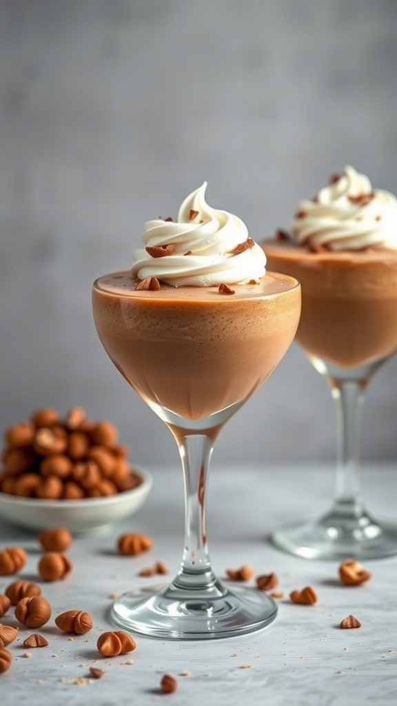 Two glasses of hazelnut praline mousse topped with whipped cream and hazelnuts, with a bowl of hazelnuts in the background.