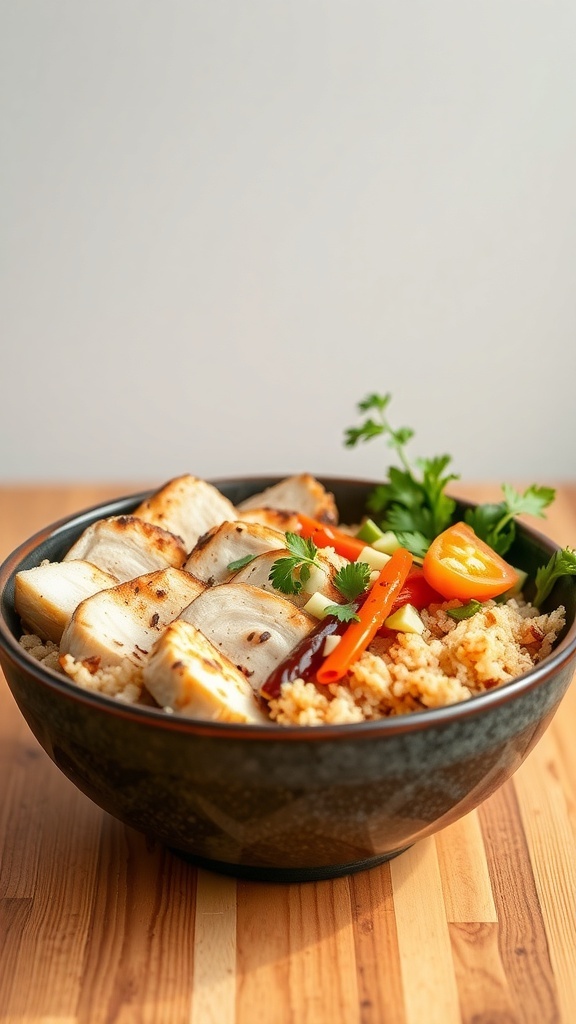 A healthy Bang Bang Chicken Bowl with grilled chicken, couscous, and colorful vegetables.