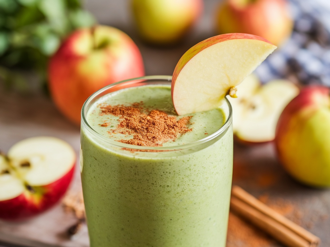 A green apple cinnamon smoothie in a glass, garnished with apple slice and cinnamon, on a wooden table.
