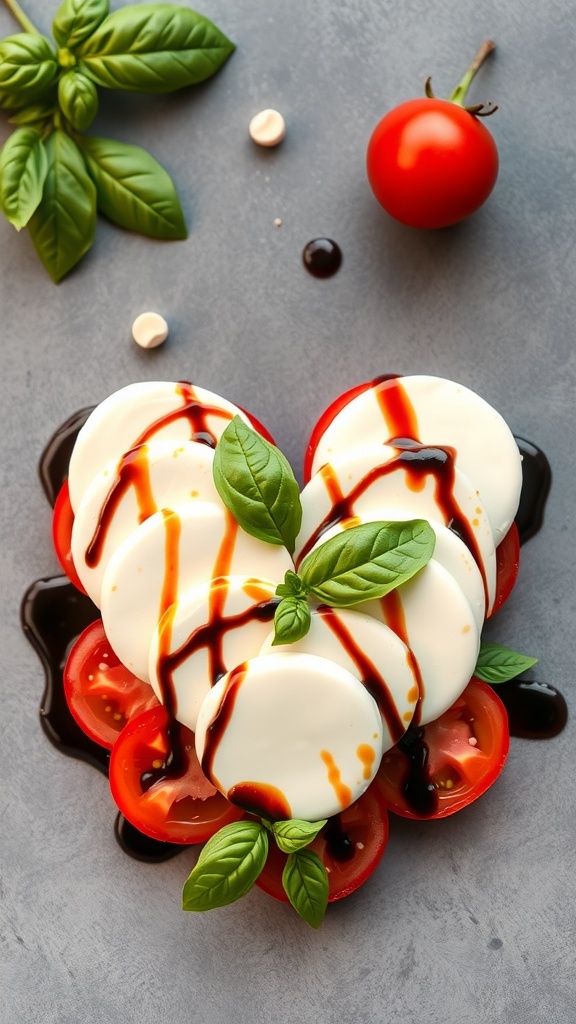 Heart-shaped Caprese salad with tomatoes, mozzarella, and basil