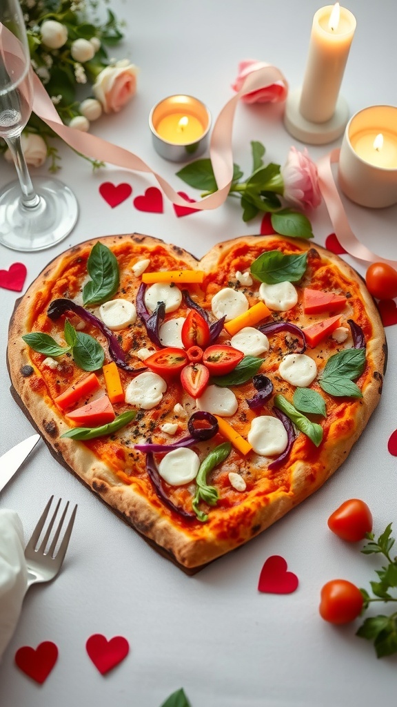 Heart-shaped pizza topped with fresh vegetables and cheese, surrounded by romantic decorations.