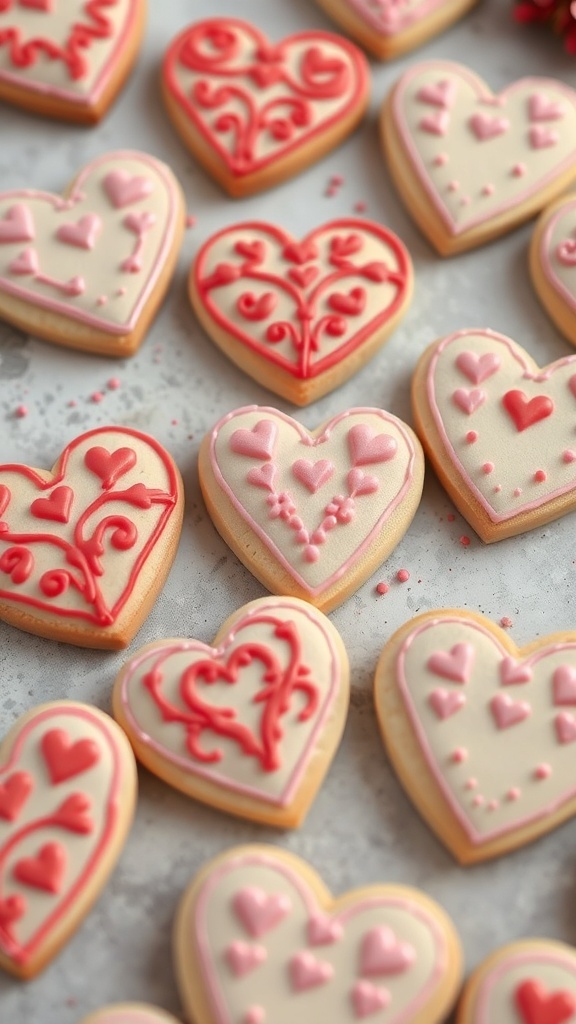 Decorated heart-shaped sugar cookies with royal icing in pink and red designs.