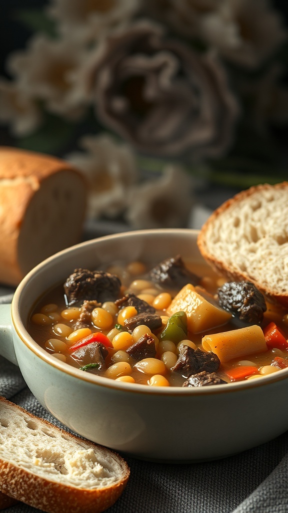A bowl of hearty beef and barley stew with colorful vegetables and a slice of bread.