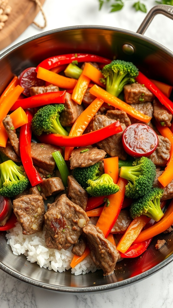 A colorful stir-fry with beef, bell peppers, and broccoli served over rice in a skillet.