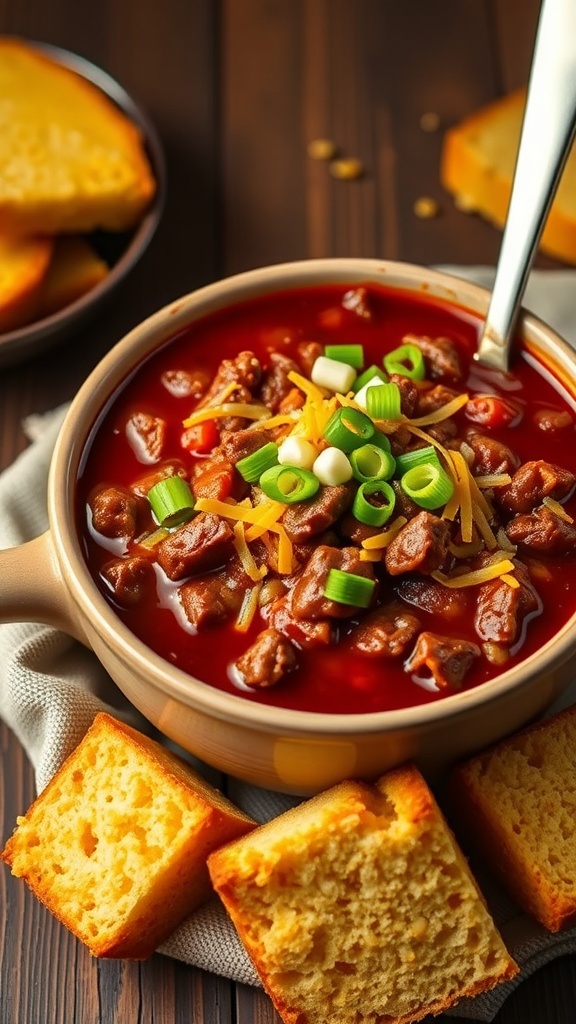 A bowl of hearty beef chili with beans, topped with green onions and cheese, served with cornbread.