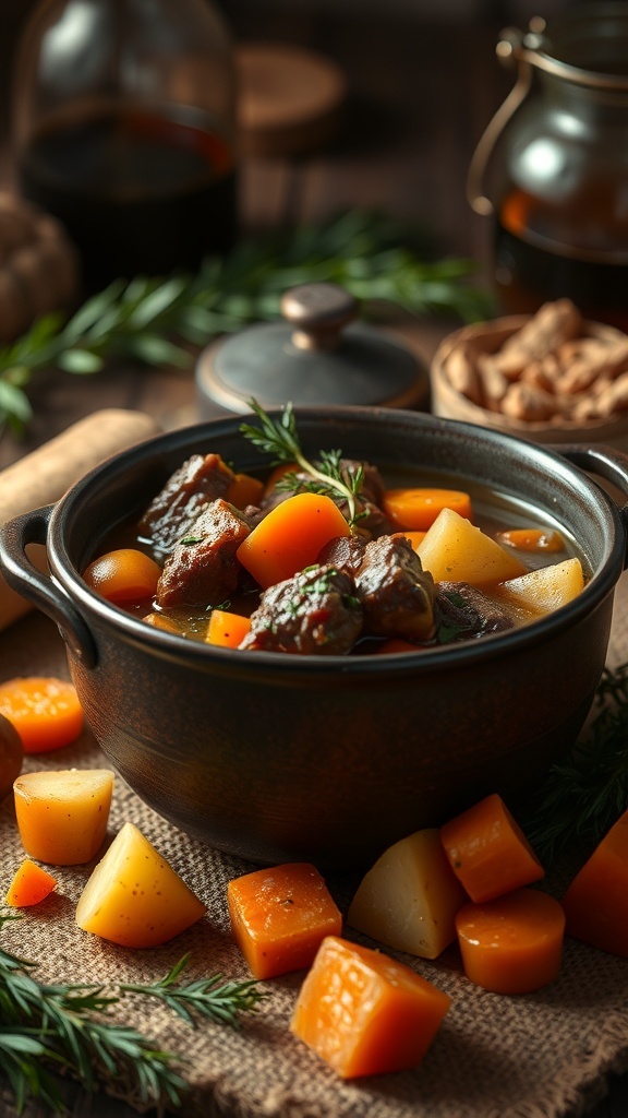 A bowl of hearty beef stew with root vegetables, including carrots and potatoes, surrounded by fresh herbs.